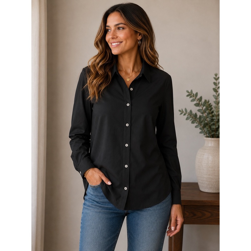 UNTUCKit for her Bella Black Long Sleeve Button Down Shirt Size 2 Stretch Blouse